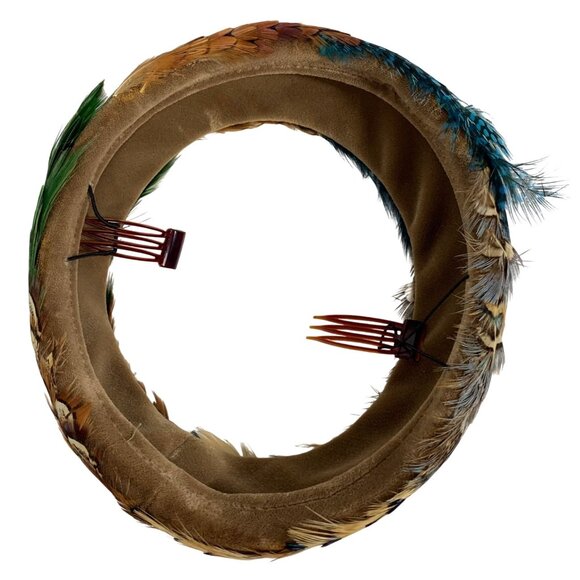 Vibrant Multicolor Pheasant Peacock Feathered Halo Wreath Band Church Derby Hat - Picture 5 of 10